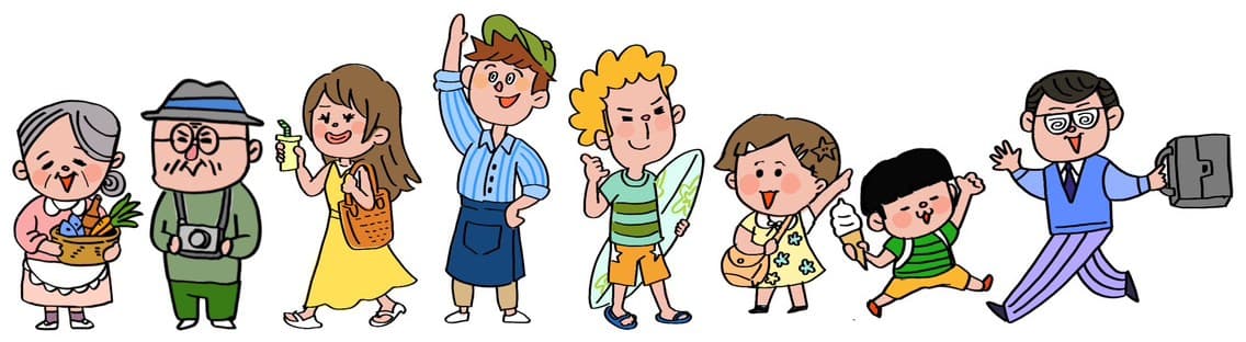 お年寄りから子供連れ、ビジネスマンまで、順番待ちに並ぶいろいろなお客様のイラスト